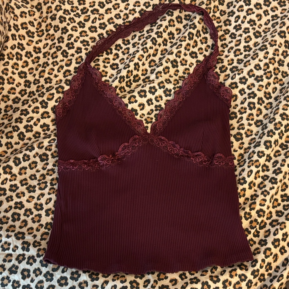 Windsor Burgundy ribbed Lace Halter Top